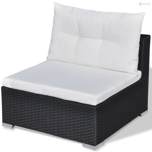 10-részes fekete polyrattan kerti bútorszett párnákkal