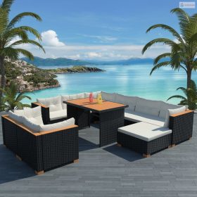 10-részes fekete polyrattan kerti bútorszett párnákkal