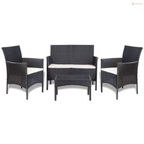 4-részes fekete polyrattan kerti bútorszett párnákkal