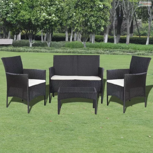 4-részes fekete polyrattan kerti bútorszett párnákkal