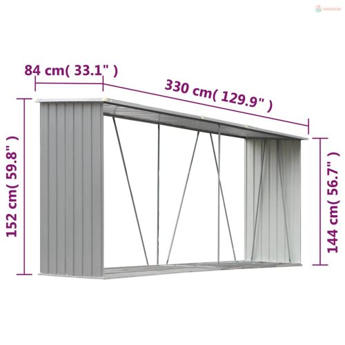 Szürke horganyzott acél kerti tűzifatároló 330 x 84 x 152 cm