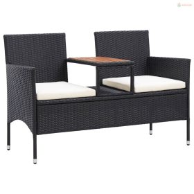  2 személyes fekete polyrattan kerti pad teázóasztallal 143 cm