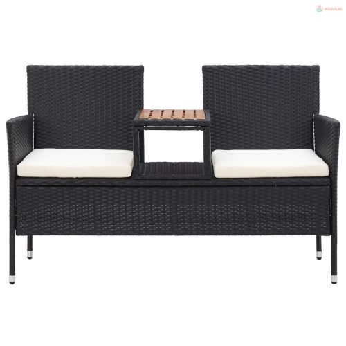 2 személyes fekete polyrattan kerti pad teázóasztallal 143 cm