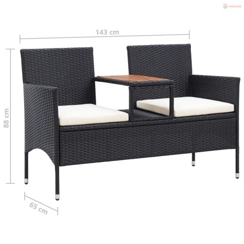 2 személyes fekete polyrattan kerti pad teázóasztallal 143 cm