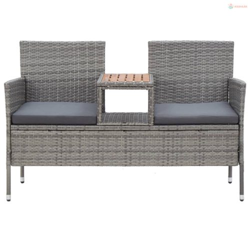 Kétszemélyes szürke polyrattan kerti pad teázóasztallal 143 cm