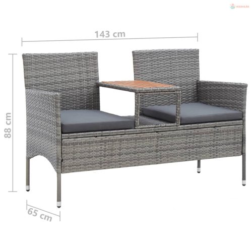 Kétszemélyes szürke polyrattan kerti pad teázóasztallal 143 cm