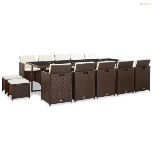 15-részes barna polyrattan kültéri étkezőszett párnákkal