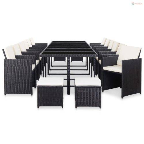 17 részes fekete polyrattan kültéri étkezőszett párnákkal