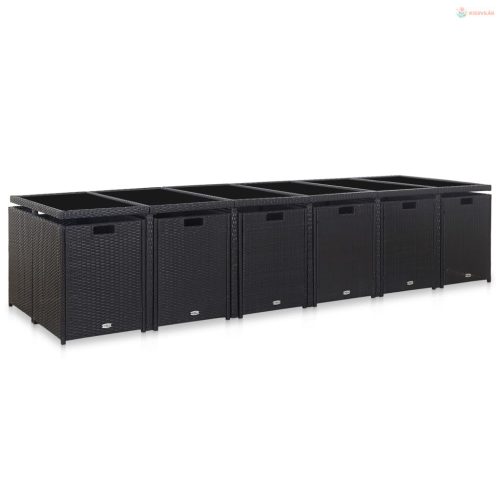 17 részes fekete polyrattan kültéri étkezőszett párnákkal