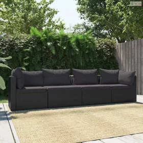   4-részes fekete polyrattan kerti ülőgarnitúra párnákkal