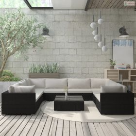 9-részes fekete polyrattan kerti bútorszett párnákkal