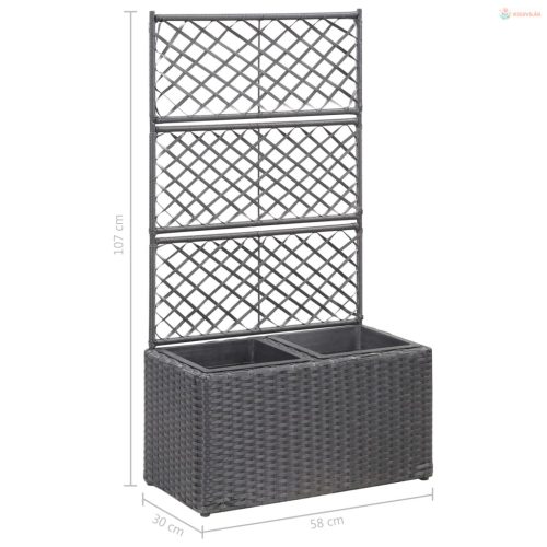 Fekete rácsos polyrattan magaságyás 2 kaspóval 58 x 30 x 107 cm