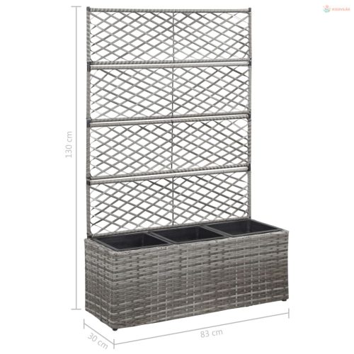 Szürke rácsos polyrattan magaságyás 3 kaspóval 83 x 30 x 130 cm