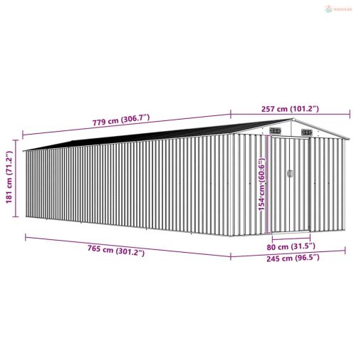 Antracitszürke horganyzott acél kerti fészer 257 x 779 x 181 cm