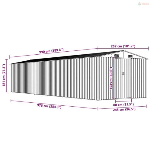 Zöld horganyzott acél kerti fészer 257 x 990 x 181 cm