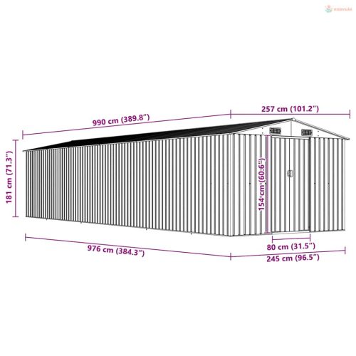 Barna horganyzott acél kerti fészer 257 x 990 x 181 cm