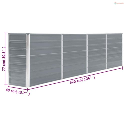 Szürke horganyzott acél kerti magaságyás 320 x 40 x 77 cm