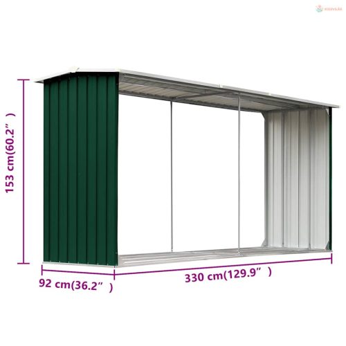 Zöld horganyzott acél kerti tűzifatároló 330 x 92 x 153 cm