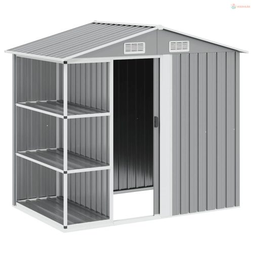 Szürke vas kerti fészer állvánnyal 205 x 130 x 183 cm