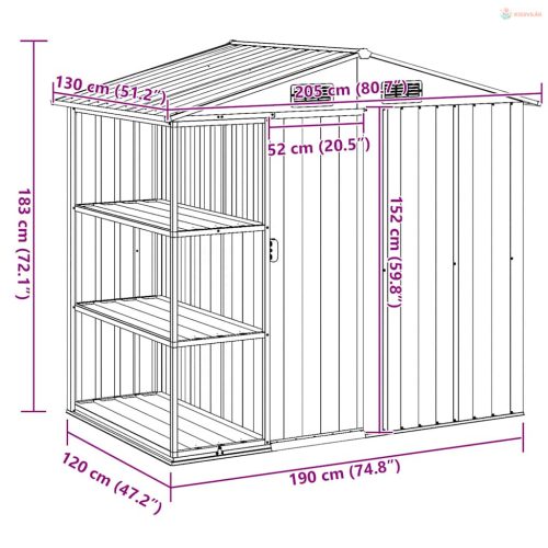Szürke vas kerti fészer állvánnyal 205 x 130 x 183 cm