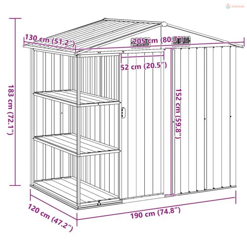 Zöld vas kerti fészer állvánnyal 205 x 130 x 183 cm