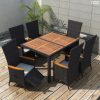 7 darabos fekete polyrattan és akácfa kültéri étkezőszett