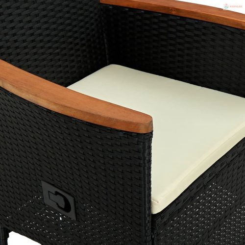 7 darabos fekete polyrattan és akácfa kültéri étkezőszett