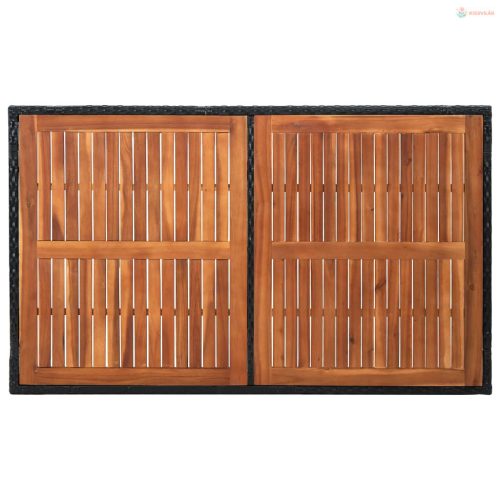 7 darabos fekete polyrattan és akácfa kültéri étkezőszett