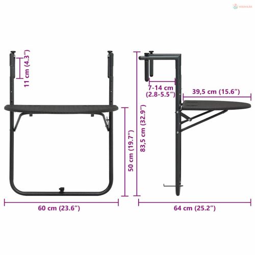 Barna rattan hatású műanyag függő erkélyasztal 60x64x83,5 cm