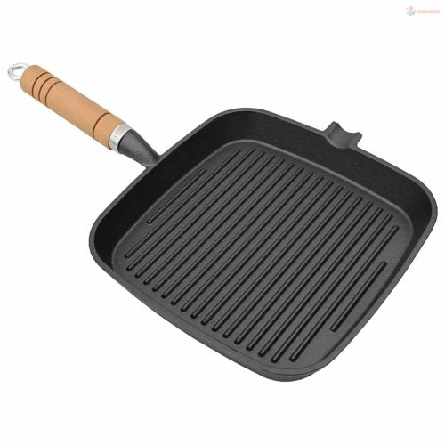 Öntöttvas grillserpenyő fa nyéllel 20 x 20 cm