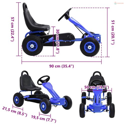 Kék pedálos gokart pneumatikus gumikkal