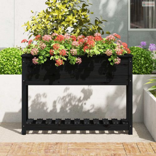 Fekete tömör fenyőfa növénytartó polccal 111,5x34,5x81 cm