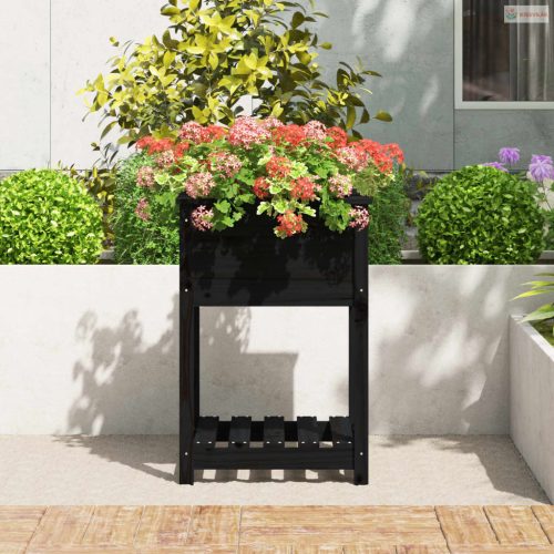 Fekete tömör fenyőfa növénytartó polccal 54x54x81 cm