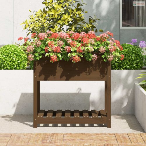 Mézbarna tömör fenyőfa növénytartó polccal 82,5x54x81 cm