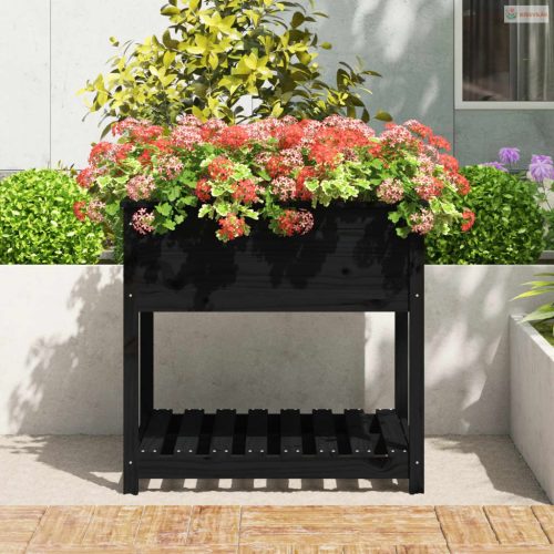 Fekete tömör fenyőfa növénytartó polccal 82,5x82,5x81 cm