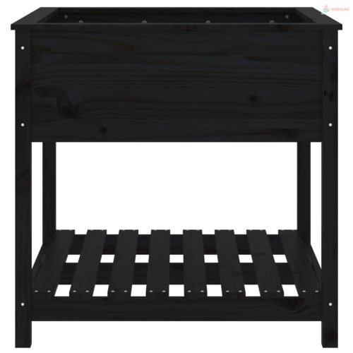 Fekete tömör fenyőfa növénytartó polccal 82,5x82,5x81 cm