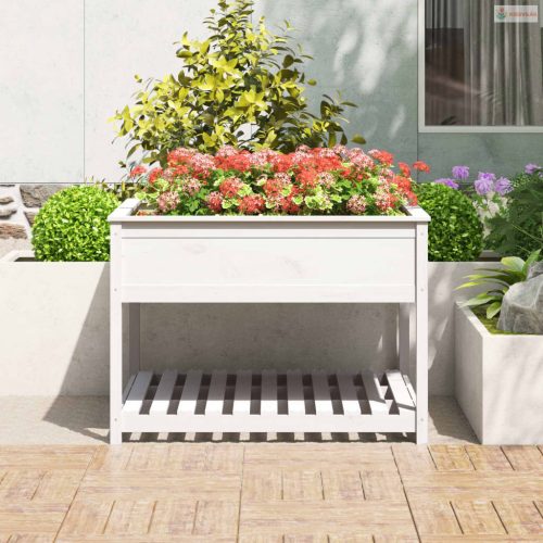 Fehér tömör fenyőfa növénytartó polccal 111,5x111,5x81 cm