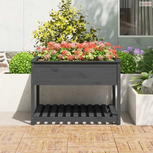 Szürke tömör fenyőfa növénytartó polccal 111,5x111,5x81 cm