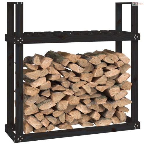 Fekete tömör fenyőfa tűzifatartó állvány 110x35x108,5 cm