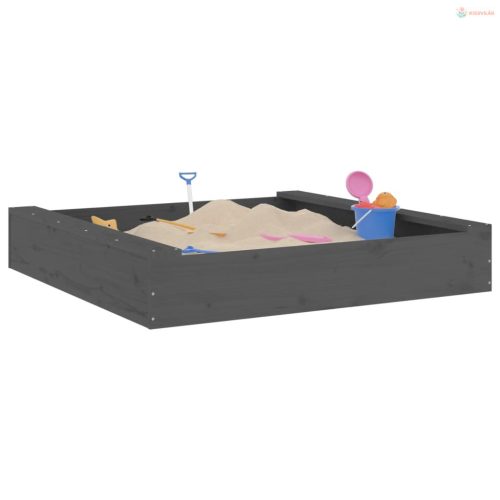 Szürke négyszög alakú tömör fenyőfa homokozó ülésekkel