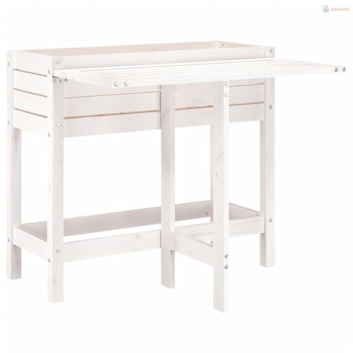 Fehér tömör fenyőfa kerti ültetőláda összecsukható asztallappal