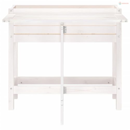 Fehér tömör fenyőfa kerti ültetőláda összecsukható asztallappal