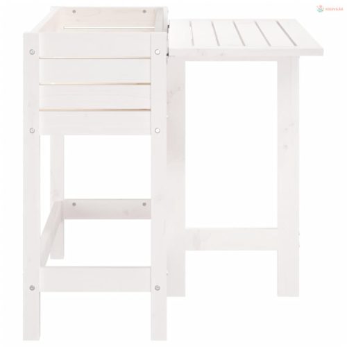 Fehér tömör fenyőfa kerti ültetőláda összecsukható asztallappal