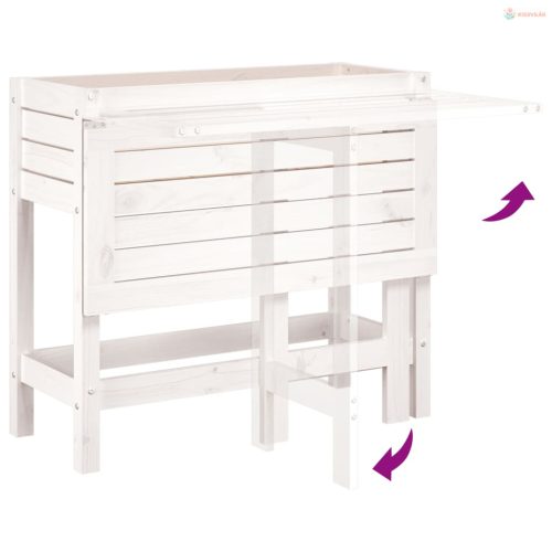 Fehér tömör fenyőfa kerti ültetőláda összecsukható asztallappal