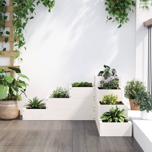 Fehér 4 szintes tömör fenyőfa kerti virágtartó 80,5x79x36 cm