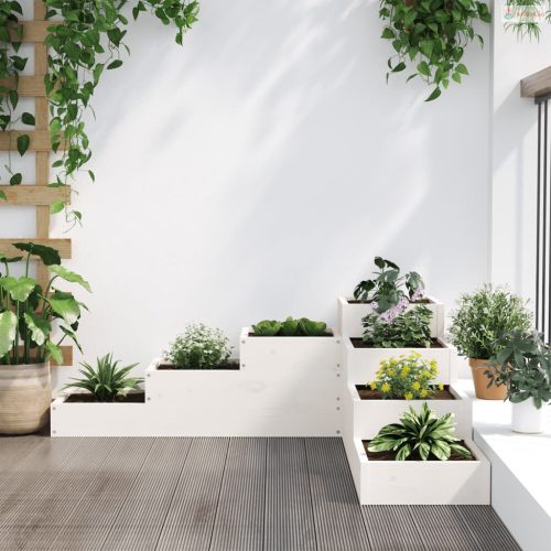 Fehér 4 szintes tömör fenyőfa kerti virágtartó 106x104,5x36 cm