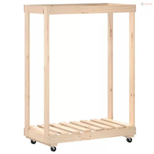 Tömör fenyőfa rönktároló kerekekkel 76,5 x 40 x 108 cm