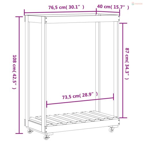 Tömör fenyőfa rönktároló kerekekkel 76,5 x 40 x 108 cm