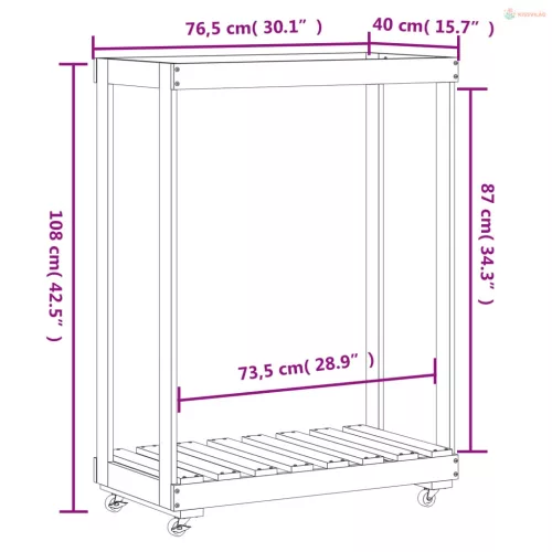 Tömör fenyőfa rönktároló kerekekkel 76,5 x 40 x 108 cm
