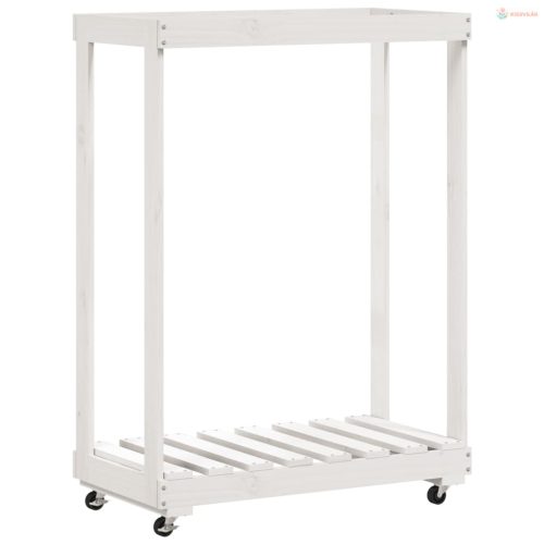 Fehér tömör fenyőfa rönktároló kerekekkel 76,5 x 40 x 108 cm